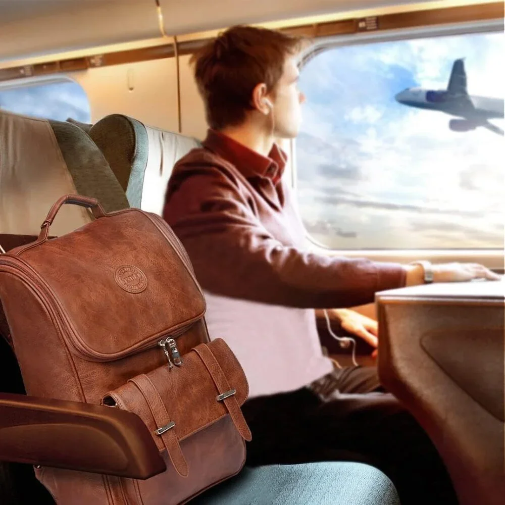 ✨Brown Faux Leather Backpack Slim Laptop Travel Pack Waterproof Daypack Bag